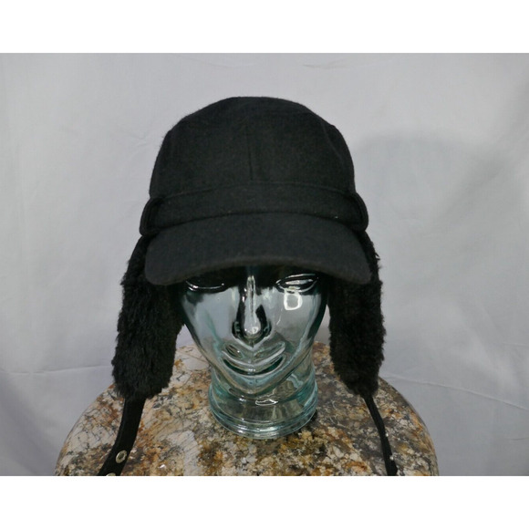 Calvin Klein Black Trapper Trooper Hat Chin Strap Ear Flaps Faux Fur One Size - Picture 13 of 16